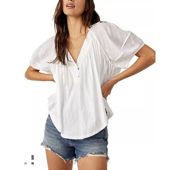 We The Free People White Sunray Babydoll Top Cotton+ Oversized Boho Size Small - Picture 2 of 3